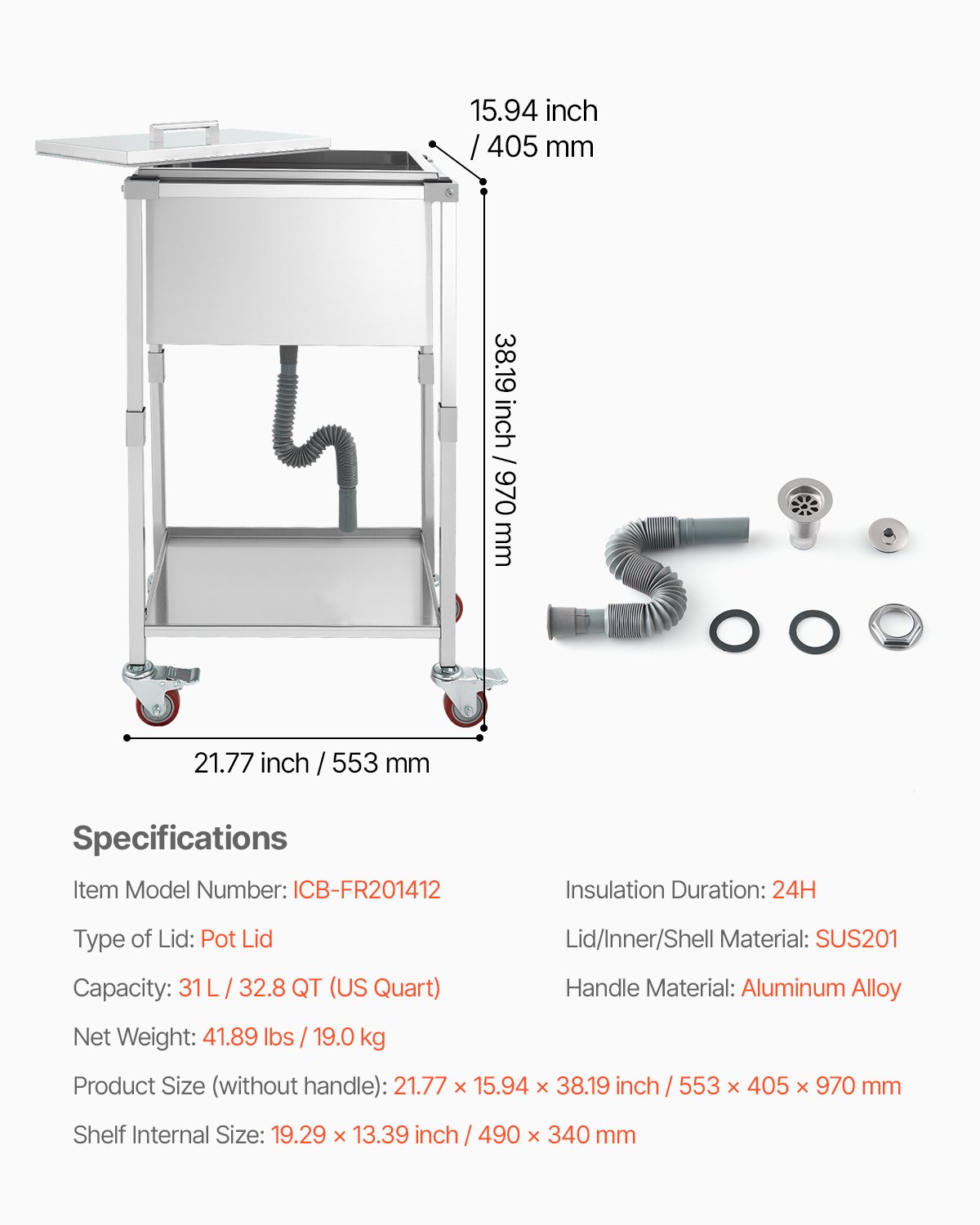 VEVOR rollbare Eisbox (553 x 405 x 970 mm) Edelstahl-Kühler, 31 L gewerblicher Ice Chest auf Rädern für den Außenbereich mit Ablage, für Partybar im Garten oder auf der Terrasse
