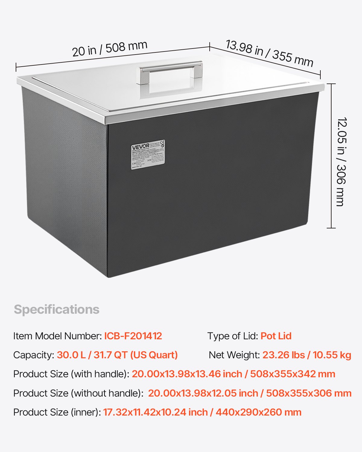 VEVOR Einbau-Eisbox (508 x 355 x 342 mm) Edelstahl-Einbaukühler, 30 L gewerbliche Drop in Ice Chests mit Topfdeckel für den Außenbereich, inklusive Abflussrohr-Set, für kalten Wein Bier