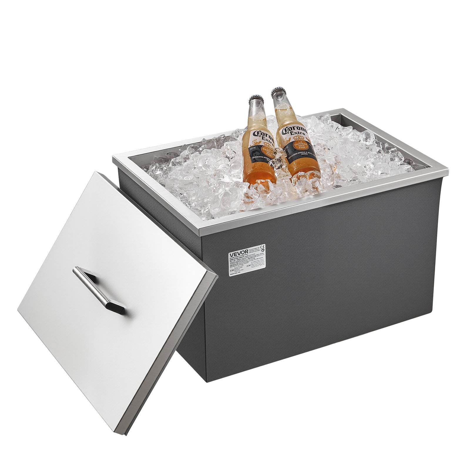 VEVOR Einbau-Eisbox (508 x 355 x 342 mm) Edelstahl-Einbaukühler, 30 L gewerbliche Drop in Ice Chests mit Topfdeckel für den Außenbereich, inklusive Abflussrohr-Set, für kalten Wein Bier