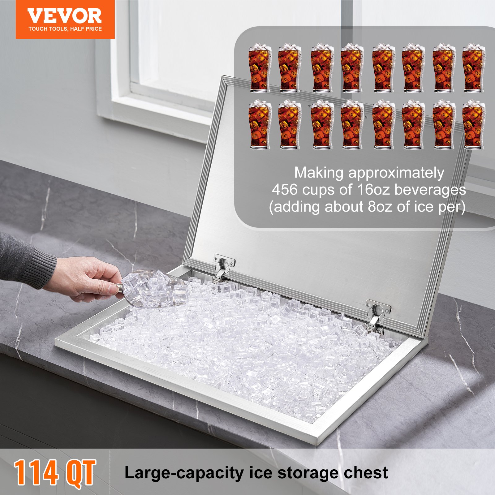 VEVOR Drop-in Ice Box, 107.8 L Stainless Steel Ice Cooler, 710 x 508 x 437 mm Commercial Ice Container with Hinged Lid, Built-in Ice Storage Chest, Drain Pipe and Drain Plug Included