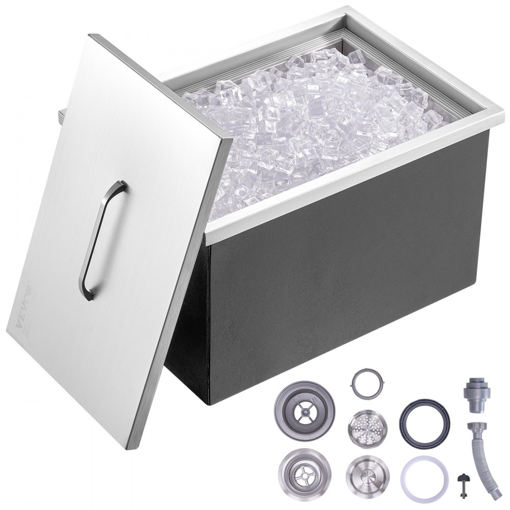 VEVOR Drop-in-Eisbox, 43,5 L Edelstahl-Eiskühler, 558 x 430 x 306 mm Kommerzieller Eisbehälter mit Abdeckung, Eingebaute Eisspeichertruhe, Abflussrohr und Ablassstopfen im Lieferumfang Enthalten
