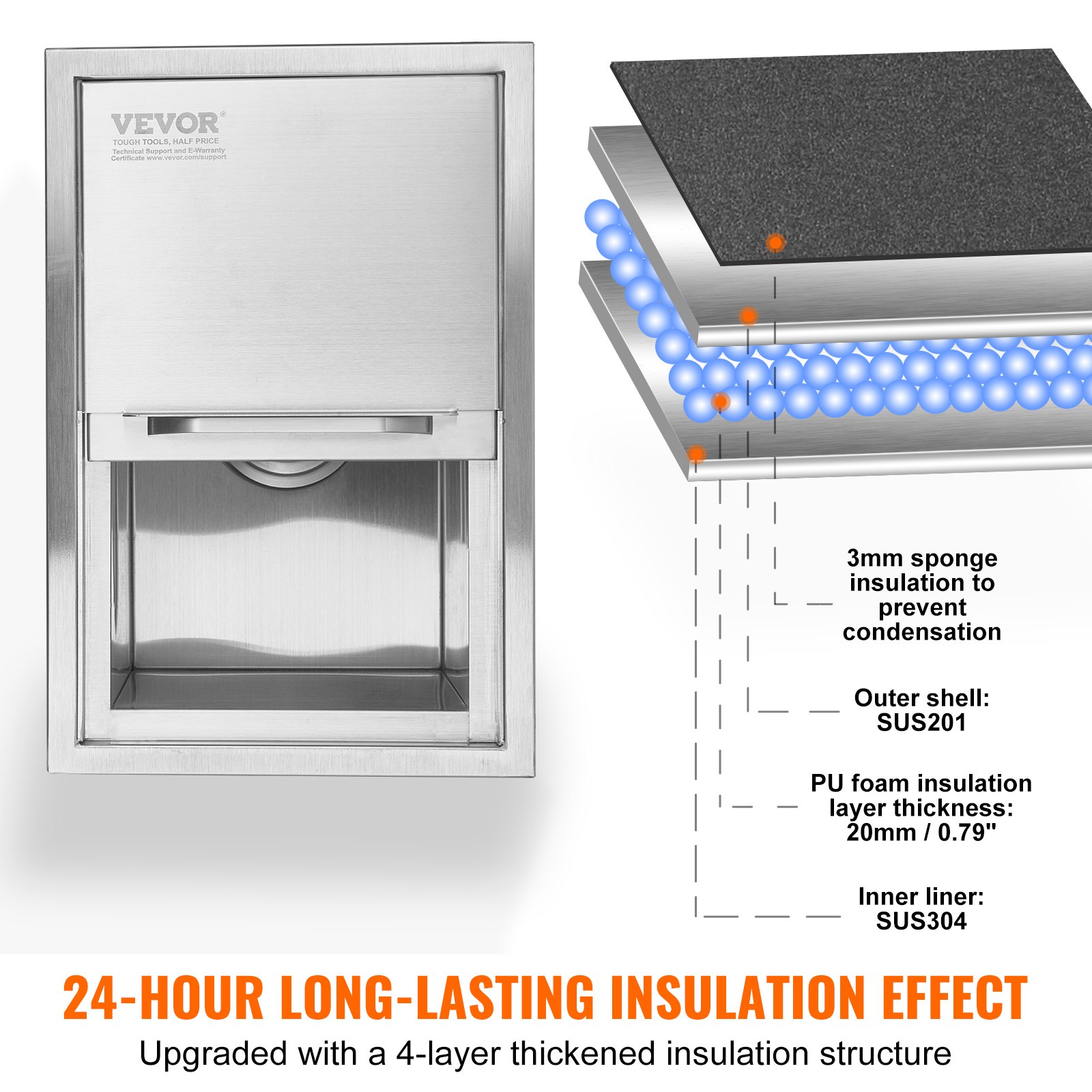 VEVOR 26,7 L Drop-in-Eisbox, 456 x 304 x 371 mm Edelstahl-Eiskühler, Kommerzieller Eisbehälter mit Schiebedeckel, Eingebaute Eisspeichertruhe, Abflussrohr & Ablassstopfen im Lieferumfang Enthalten