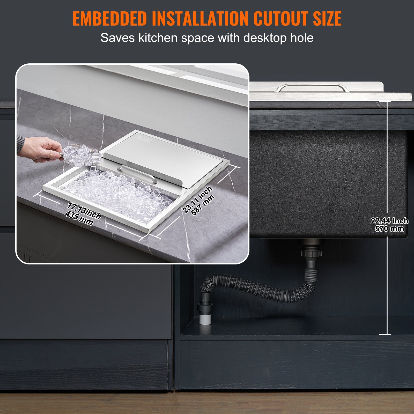 VEVOR 55,23 L Drop-in-Eisbox, 608 x 457 x 333 mm Edelstahl-Eiskühler, Kommerzieller Eisbehälter mit Schiebedeckel, Eingebaute Eisspeichertruhe, Abflussrohr & Ablassstopfen im Lieferumfang Enthalten