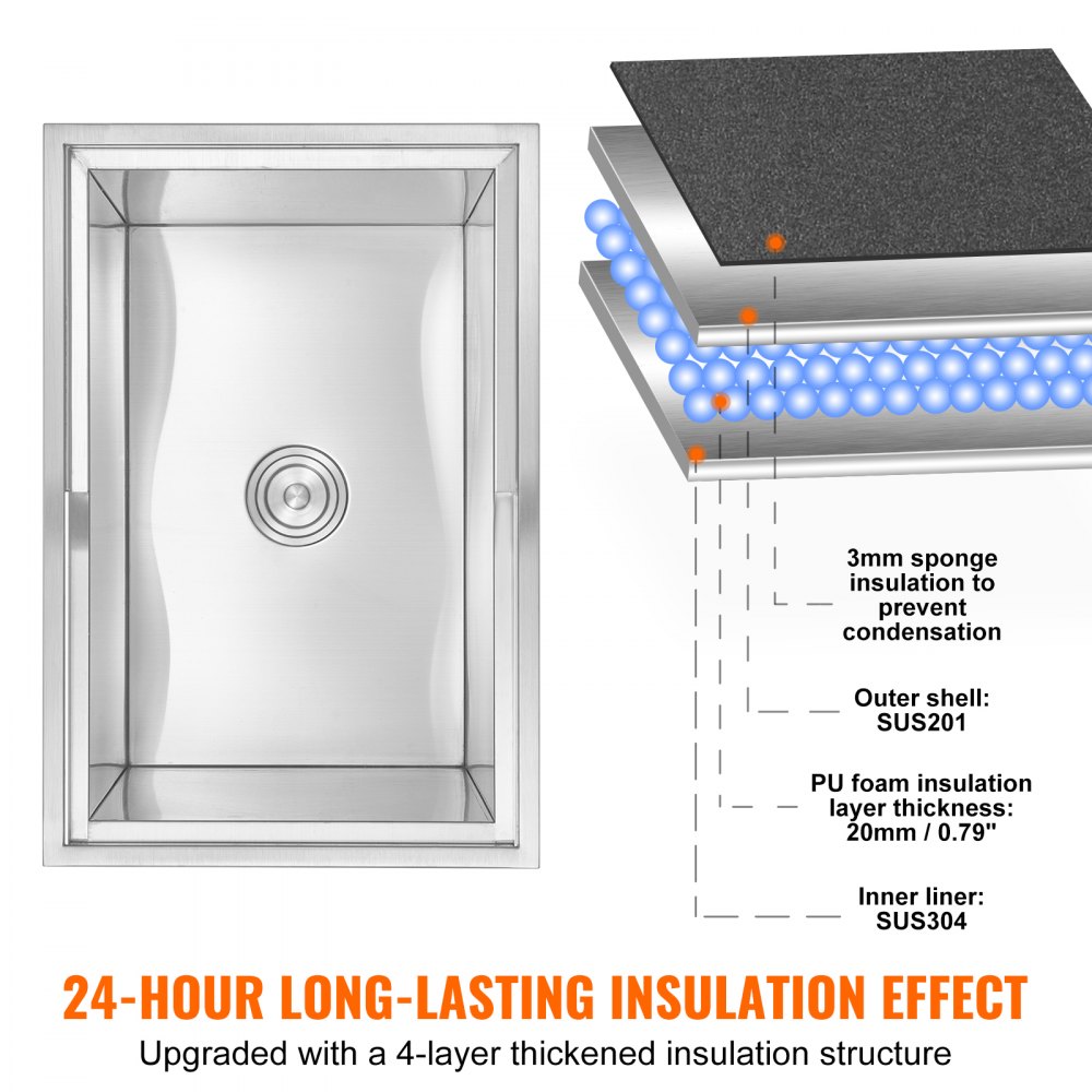 VEVOR 109,48 L Drop-in-Eisbox, 683 x 455 x 536 mm Edelstahl-Eiskühler, Kommerzieller Eisbehälter mit Schiebedeckel, Eingebaute Eisspeichertruhe, Abflussrohr & Ablassstopfen im Lieferumfang Enthalten