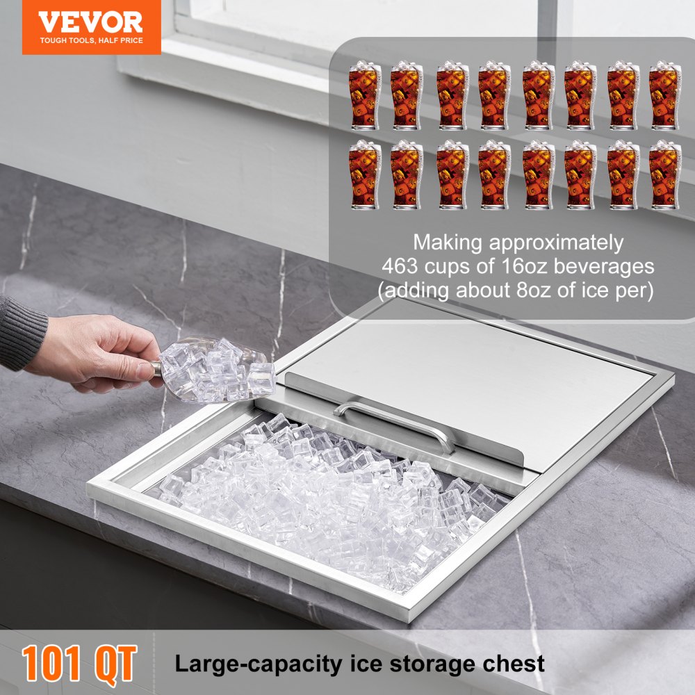 VEVOR 109.48 L Drop-in Ice Box, 683 x 455 x 536 mm Stainless Steel Ice Cooler, Commercial Ice Container with Sliding Lid, Built-in Ice Storage Chest, Drain Pipe & Drain Plug Included