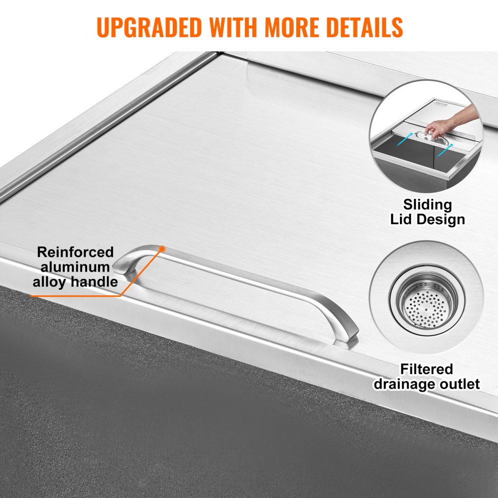 VEVOR 109.48 L Drop-in Ice Box, 683 x 455 x 536 mm Stainless Steel Ice Cooler, Commercial Ice Container with Sliding Lid, Built-in Ice Storage Chest, Drain Pipe & Drain Plug Included