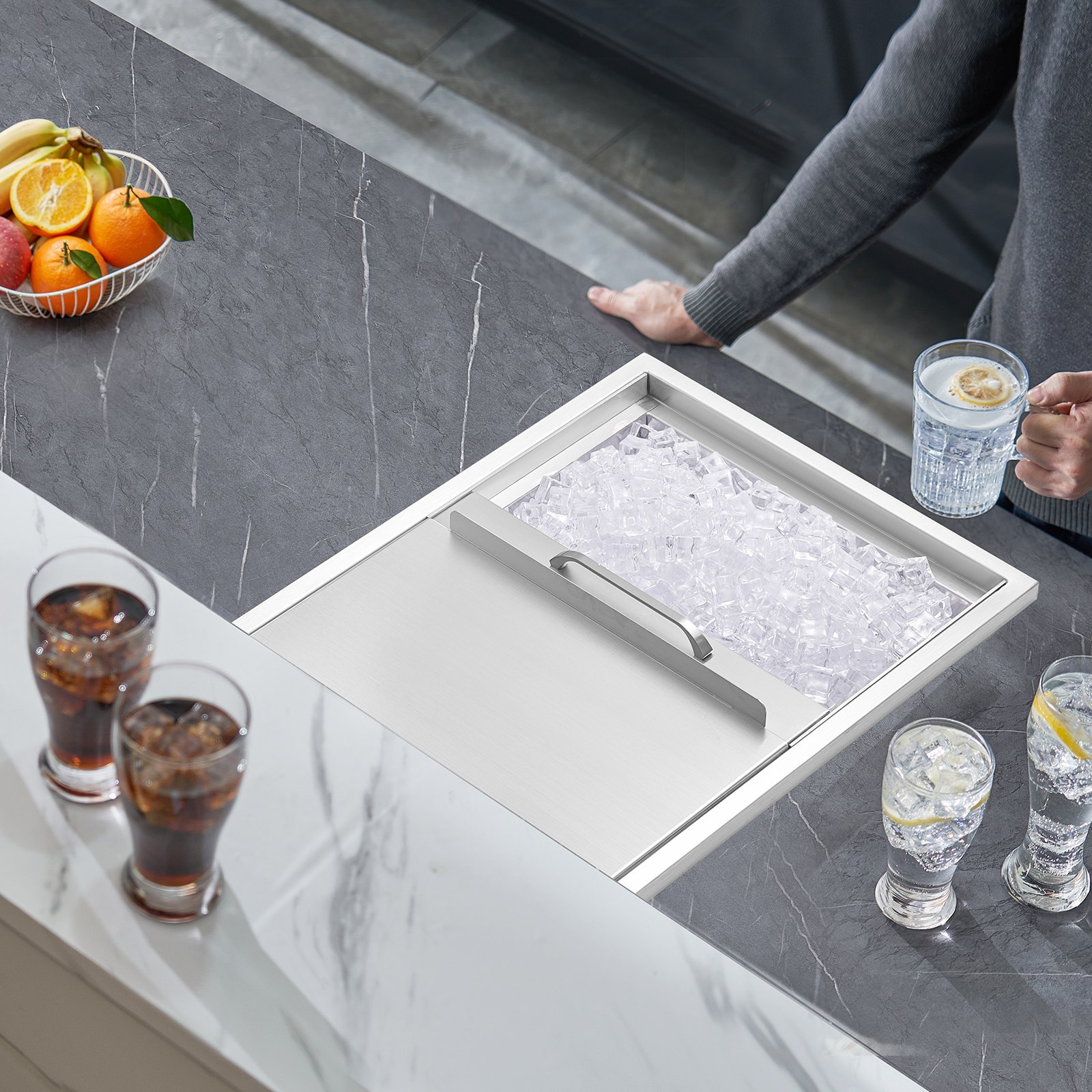 VEVOR 109,48 L Drop-in-Eisbox, 683 x 455 x 536 mm Edelstahl-Eiskühler, Kommerzieller Eisbehälter mit Schiebedeckel, Eingebaute Eisspeichertruhe, Abflussrohr & Ablassstopfen im Lieferumfang Enthalten