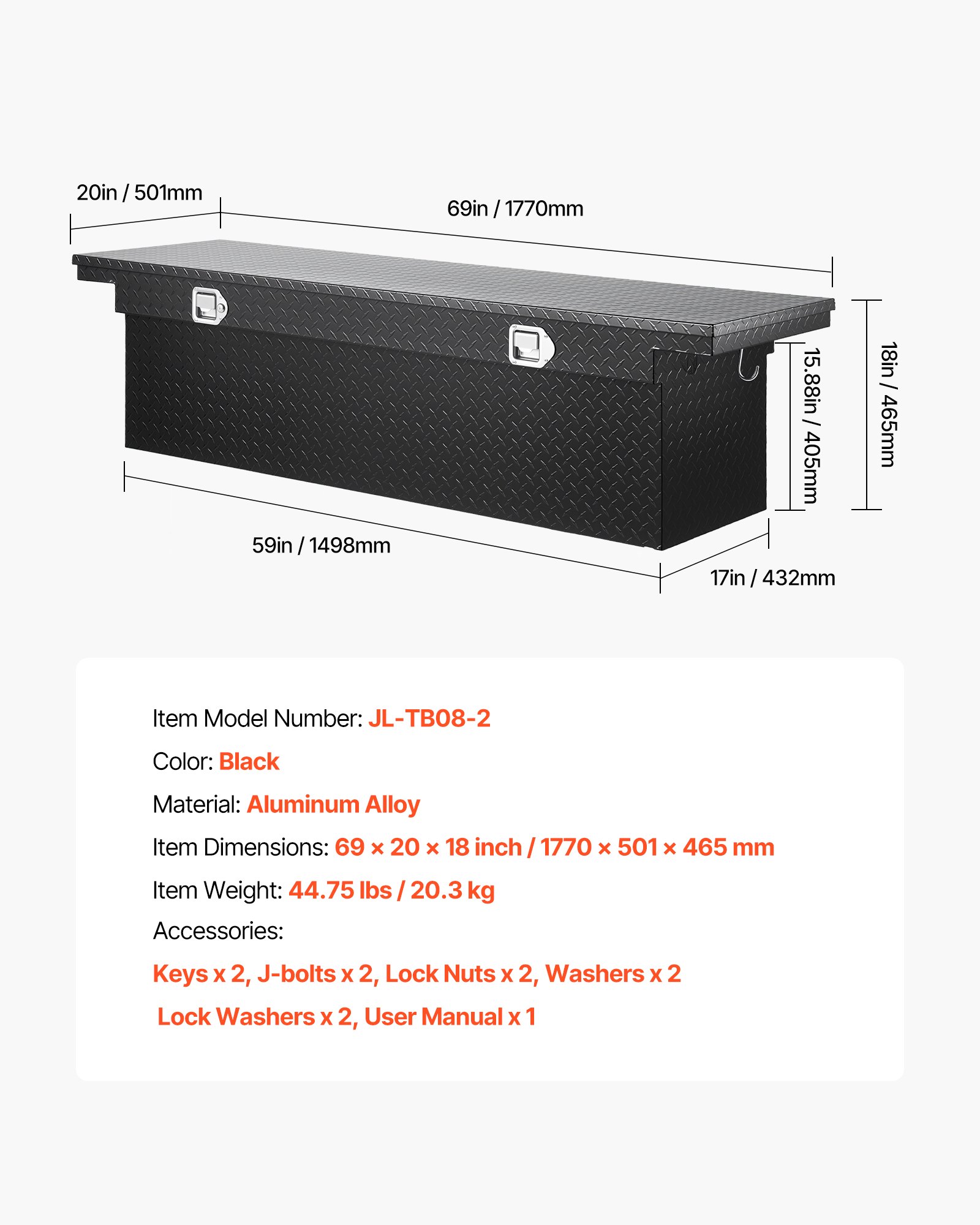 VEVOR Crossover Lkw Werkzeugkasten für die Ladefläche (1770 x 501 x 465 mm) abschließbare & wasserdichte Werkzeugkisten aus Aluminium mit Diamantstruktur, Truckbox für Wohnmobilanhänger schwarz