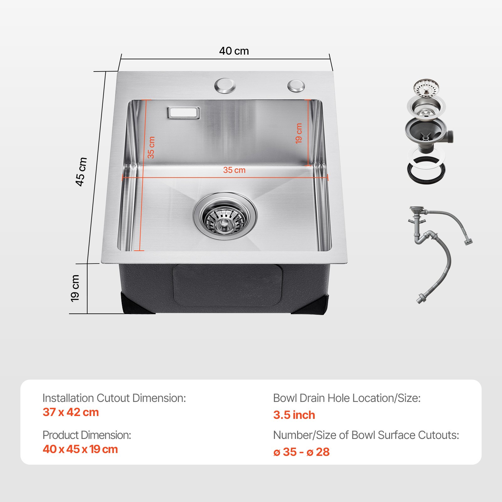VEVOR Küchenspüle Einbauspüle Spülbecken 40 x 45 x 19 cm aus Edelstahl Spülen zur Montage auf der Oberseite, Einzelbecken mit Zubehör, Haushaltsspülbecken für Wohnmobil Vorbereitungsküche Bar