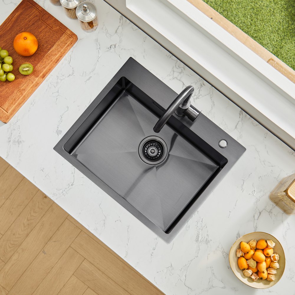 VEVOR Kitchen Sink, Built-in Sink, 55 x 45 x 19 cm, Stainless Steel, Top-Mounted Sink, Single Bowl, Household Sink for Motorhome/Preparation Kitchen (Black)