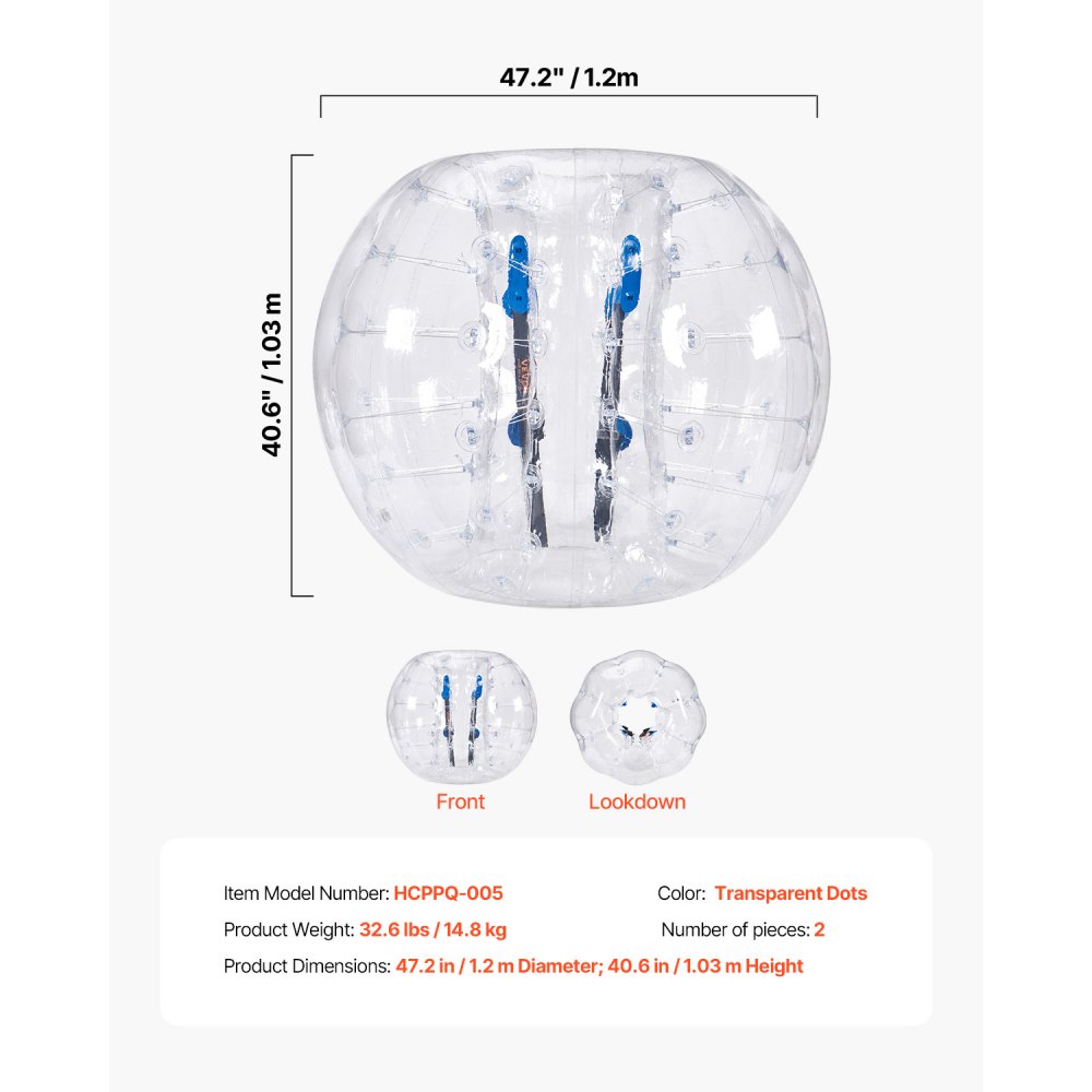 VEVOR aufblasbare Bumper-Bälle im 2er-Pack, 1,2 m Körper-Sumo-Zorb-Bälle für Teenager und Erwachsene, 0,8 mm dicke PVC-Menschenhamster-Blasenbälle für Team-Gaming-Spiele im Freien, Bumper-Bopper-Spiel