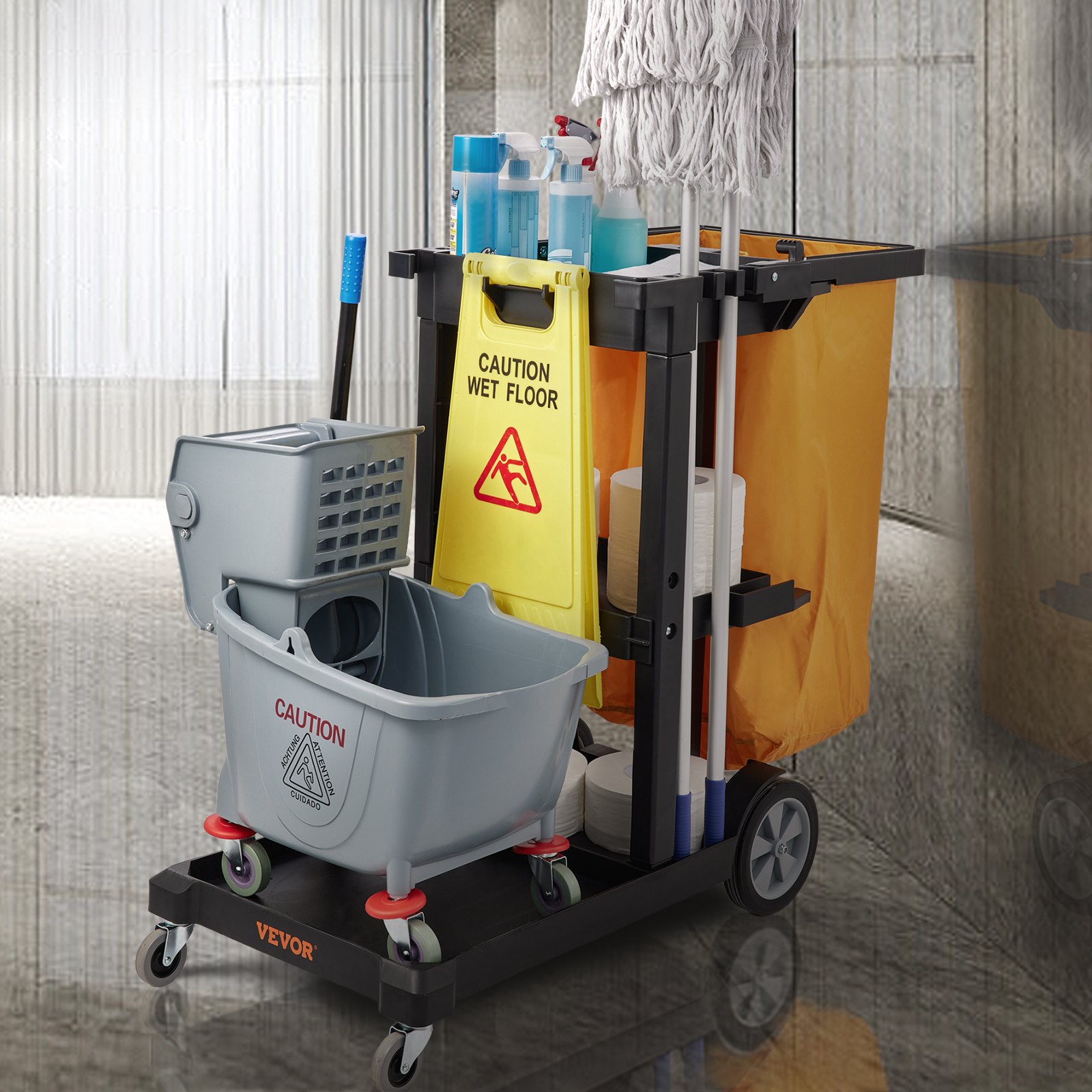 VEVOR Reinigungswagen Putzwagen mit 3 Fächern, Hygienewagen Reinigungswagen 90,7 kg Tragfähigkeit, Schwarz PP Wischwagen Systemwagen inkl. PVC-Müllsack & Handschuhe, geeignet für Büros, Malls, Hotels