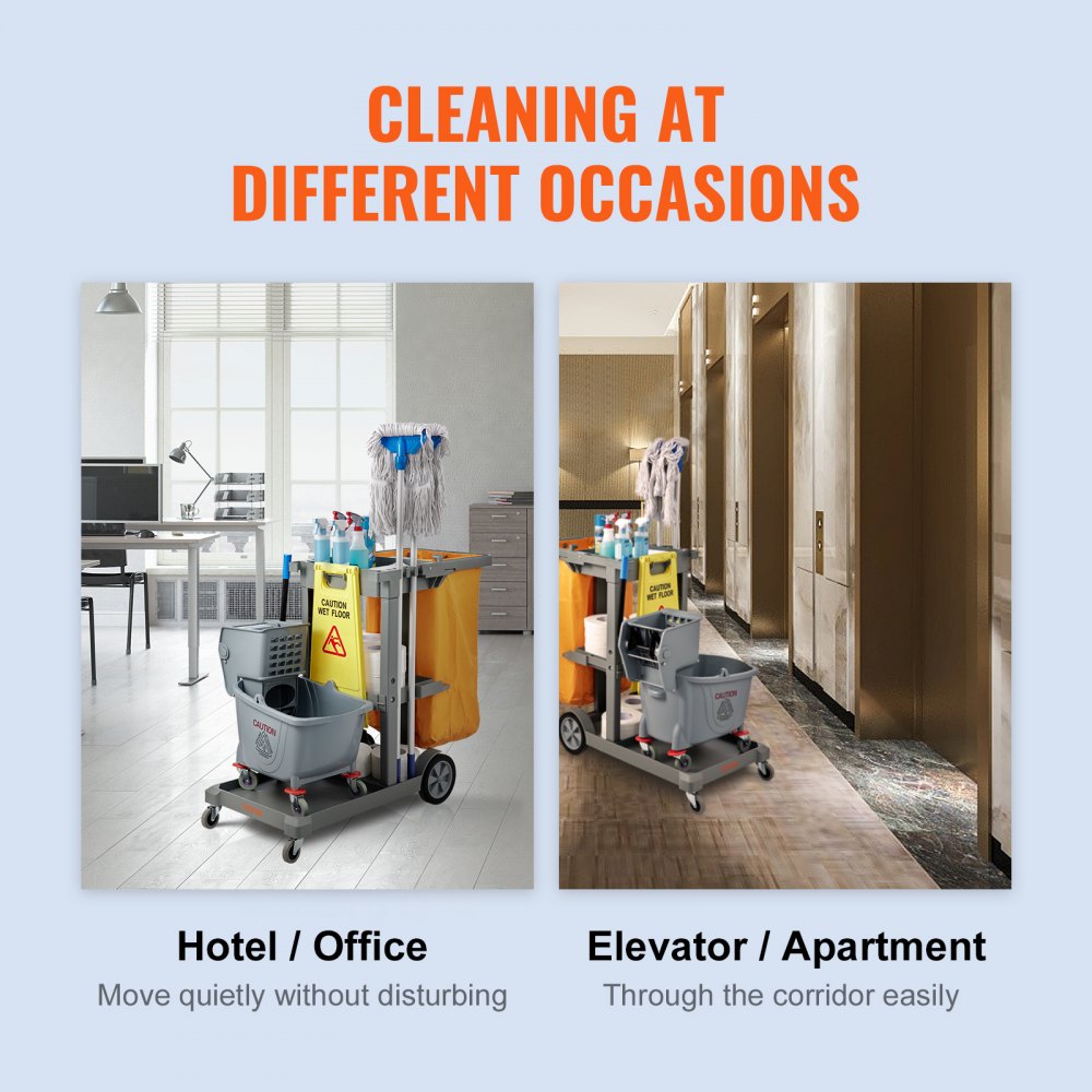 VEVOR Cleaning Trolley with 3 Compartments, Hygiene Trolley, Cleaning Trolley, 90.7 kg Load Capacity, Gray PP Mop Trolley, System Trolley with PVC Waste Bag, Suitable for Offices, Shopping Centers, Hotels