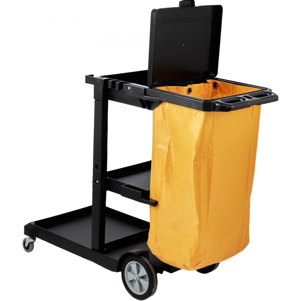 VEVOR Reinigungswagen Putzwagen mit 3 Fächern, Hygienewagen Reinigungswagen 90,7 kg Tragfähigkeit, Schwarz PP Wischwagen Systemwagen mit PVC-Müllsack, Geeignet für Büros, Einkaufszentren, Hotels
