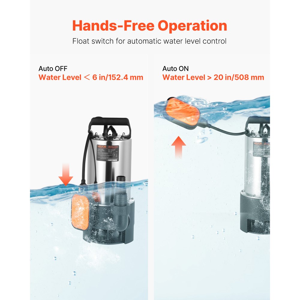VEVOR 710W Tauchpumpe, 20000l/h, Schmutzwasserpumpe für Abwasser, Schmutzwasser & sauberes Wasser mit automatischem Schwimmerschalter, 9m Förderhöhe, für Pools, Teiche, überflutete Bereiche