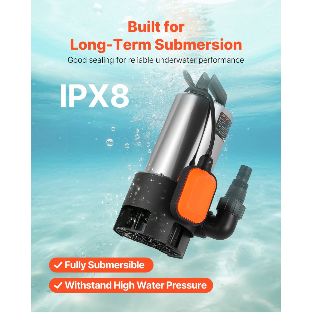 VEVOR 710W Submersible Sump Pump, 20000 L/H, Stainless Steel Submersible Sewage Dirty Clean Water Pump with Automatic Float Switch, Long Cord, 9M Max Lift, for Pools, Garden, Pond, Flooded Areas