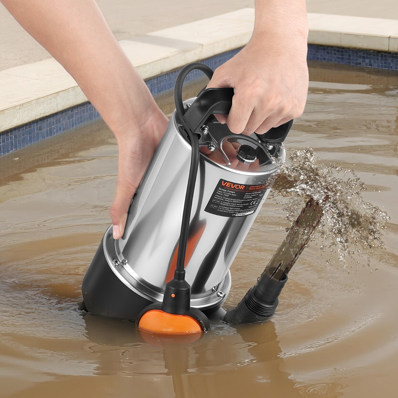 VEVOR 710W Submersible Sump Pump, 20000 L/H, Stainless Steel Submersible Sewage Dirty Clean Water Pump with Automatic Float Switch, Long Cord, 9M Max Lift, for Pools, Garden, Pond, Flooded Areas