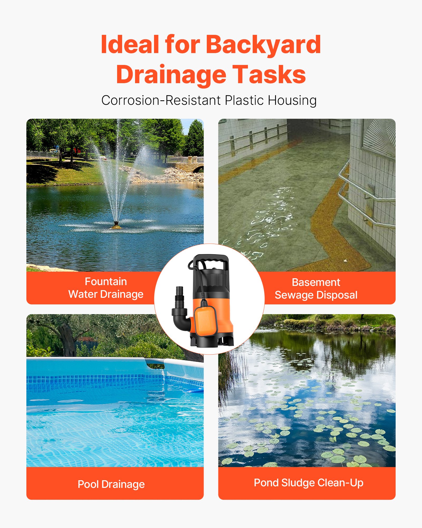 VEVOR 650W Tauchpumpe, 15000L/h, PP-GF20 Schmutzwasserpumpe für Abwasser, Schmutzwasser & sauberes Wasser mit automatischem Schwimmerschalter, 8m Förderhöhe, für Pools Teiche überflutete Bereiche