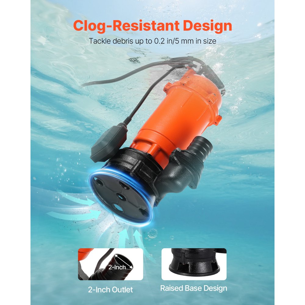 VEVOR 1500W Submersible Trash Pump, 21000 L/H, Cast Iron Submersible Sump Sewage Pump with Automatic Float Switch, 18M Max Lift, Draining Dirty Clean Water, for Pools, Garden, Pond, Flooded Areas