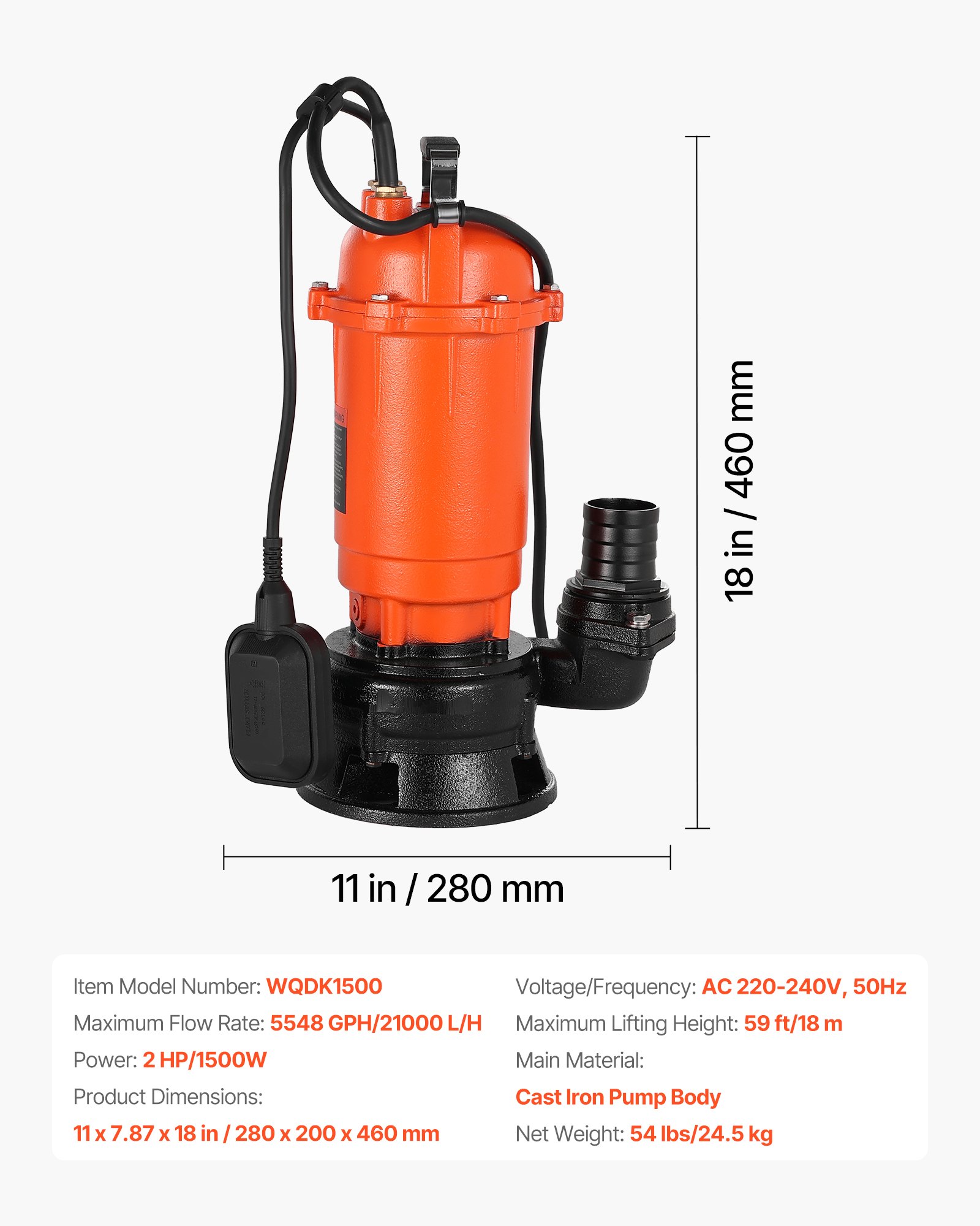 VEVOR 1500 W Tauchpumpe, 21000 l/h, Gusseisen-Schmutzwasserpumpe mit automatischem Schwimmerschalter, 18m Förderhöhe zum Abpumpen von Schmutzwasser, für Pools, Teiche & überflutete Bereiche