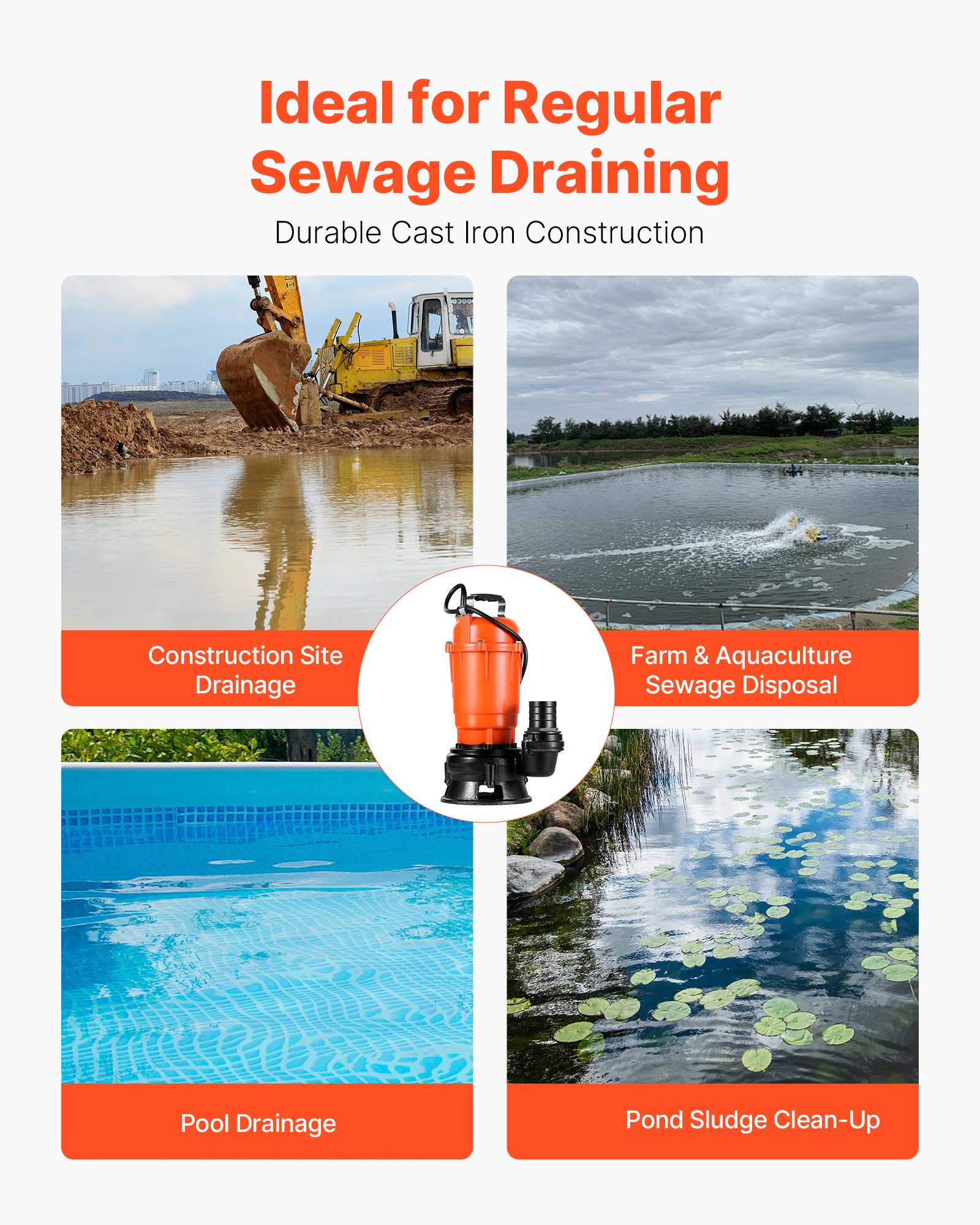 VEVOR 550W Tauchpumpe, 18000l/h, Gusseisen-Schmutzwasserpumpe mit 5,08cm Auslass, 10m max. Förderhöhe, zum Abpumpen von Schmutzwasser, für Pools, Gärten, Teiche, Keller & überflutete Bereiche