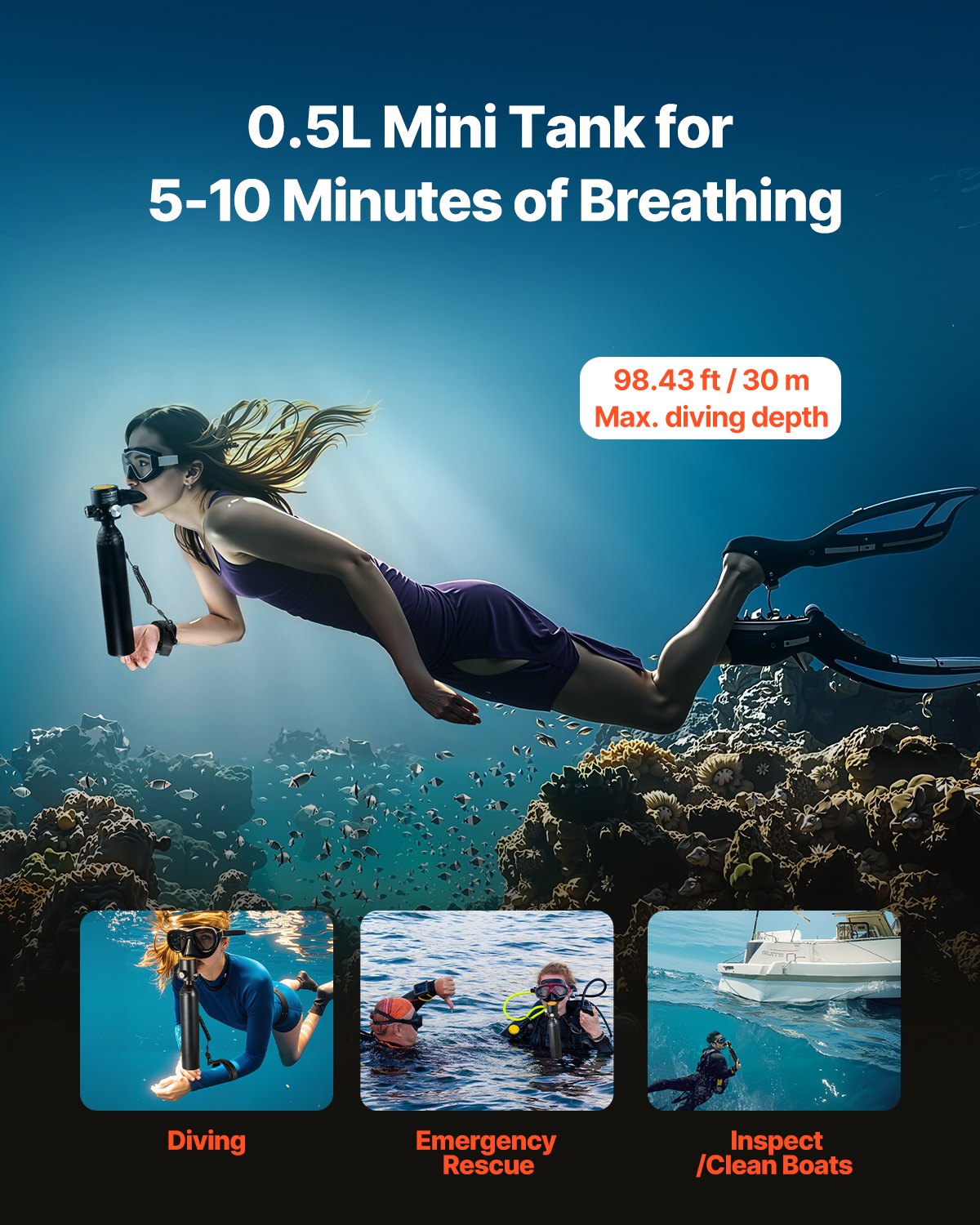 VEVOR Diving Cylinder, Portable Diving Cylinder 0.5 L, Oxygen Cylinder for Diving, Supports 5-10 Minutes of Underwater Breathing, 30 m Diving Depth, Lung Cylinder Set for Underwater Exploration/Rescue