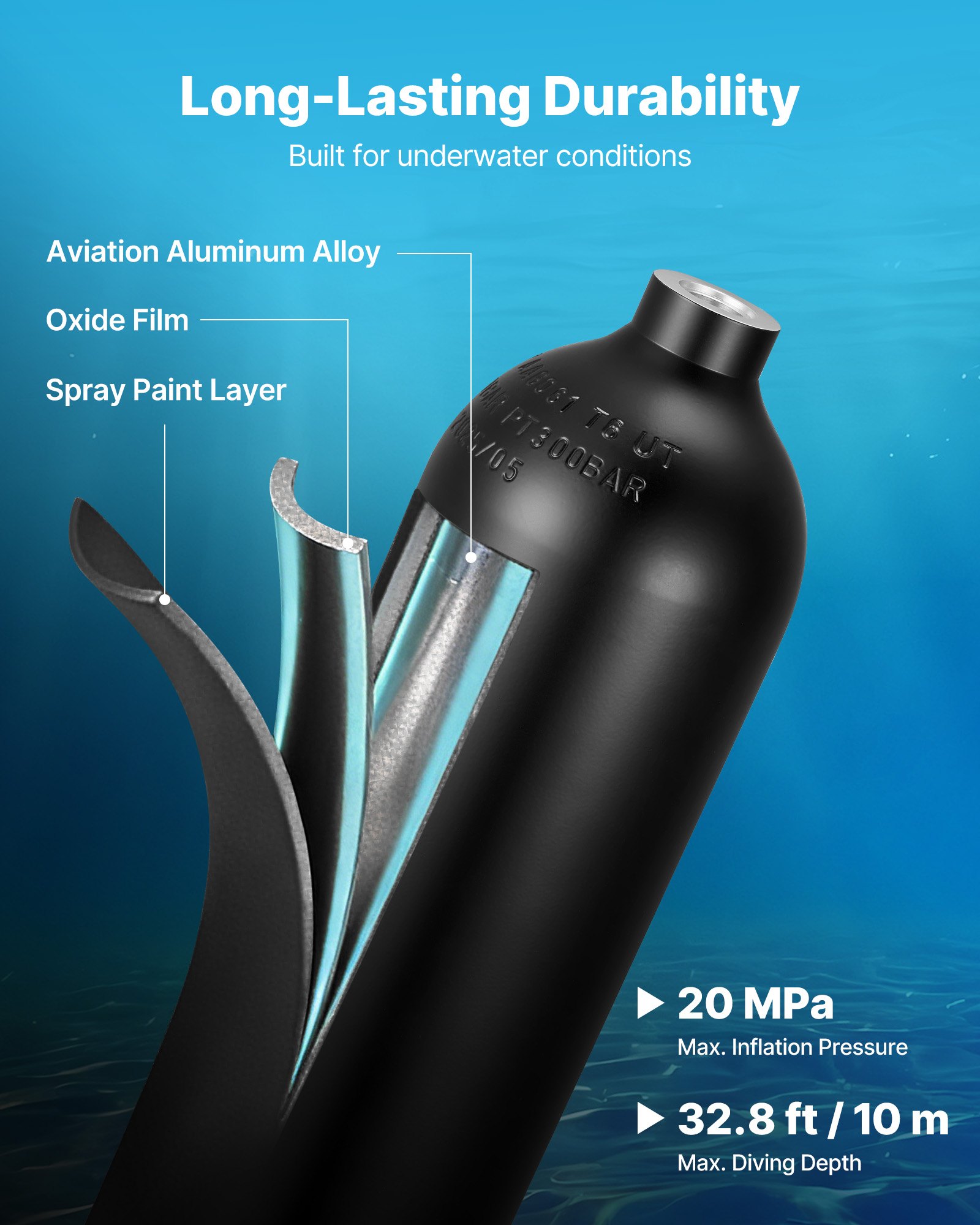 VEVOR Mini-Tauchflasche 2 L, Tragbare Lungenflasche für Unterwasseratmung, Wiederverwendbare Sauerstoffflasche für bis zu 35 Minuten Tauchzeit, Tauchausrüstung mit Rucksack & Tasche