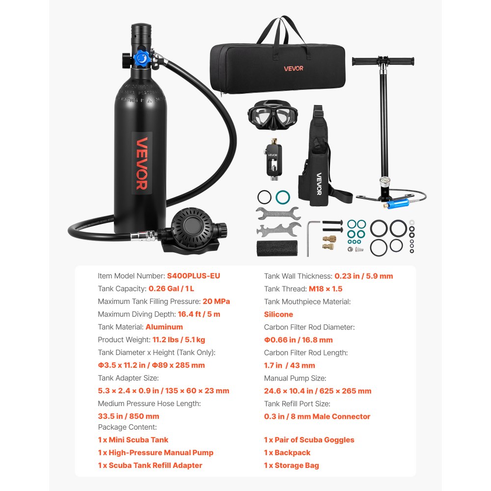VEVOR Mini Scuba Tank, 1L Portable Diving Tank for Underwater Breathing, Reusable Lung Diving Cylinder up to 20 Minutes Dive Time, Emergency Rescue Pony Bottle with Adapter & Goggles for Snorkeling