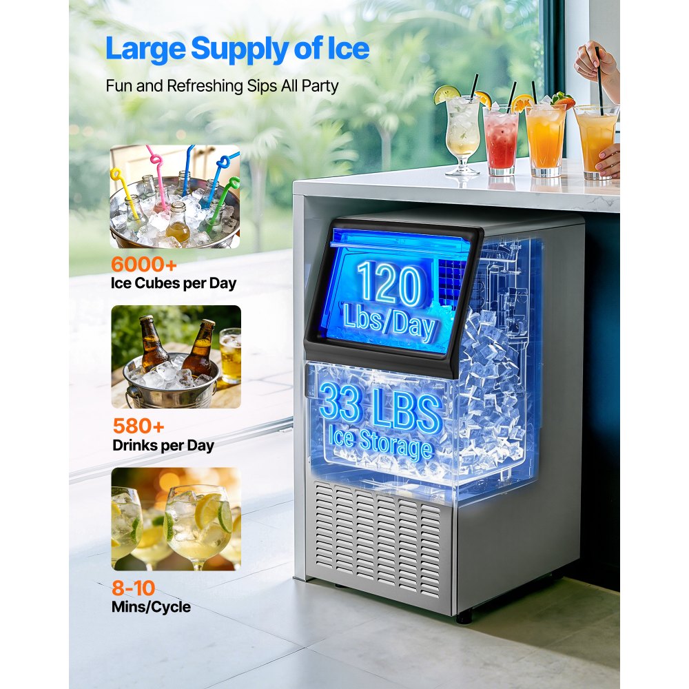 VEVOR Kommerzielle Eismaschine Eiswürfelmaschine 54,4 kg/Tag mit 15 kg Speicher, Freistehender und unter der Theke Stehender Eiswürfelbereiter aus Edelstahl mit LED-Anzeige & Selbstreinigung