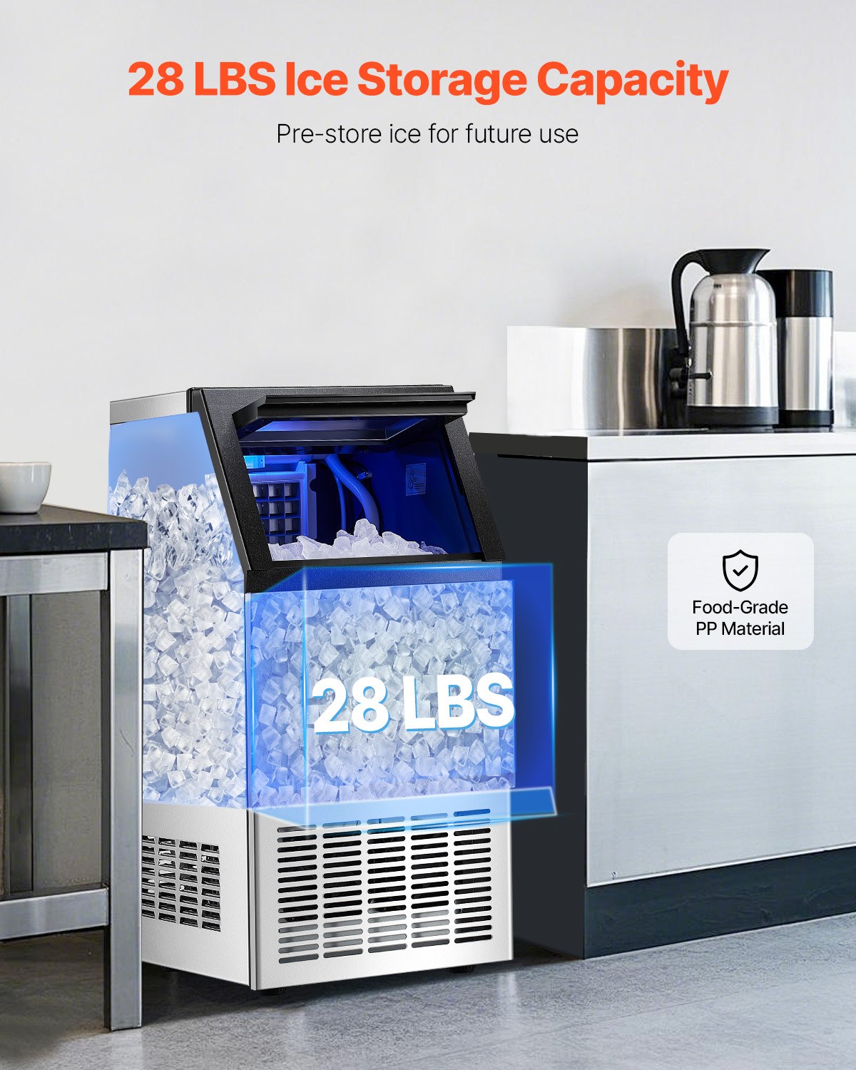 VEVOR Kommerzieller Eiswürfelbereiter Eismaschine 38 kg / 24 h, Leichte Würfeleismaschine 12,5 kg Eisspeicherkapazität 40 Stk. Eiswürfel, Edelstahl Eiswürfelbereiter inkl. Wasserfilter & Eisschaufel