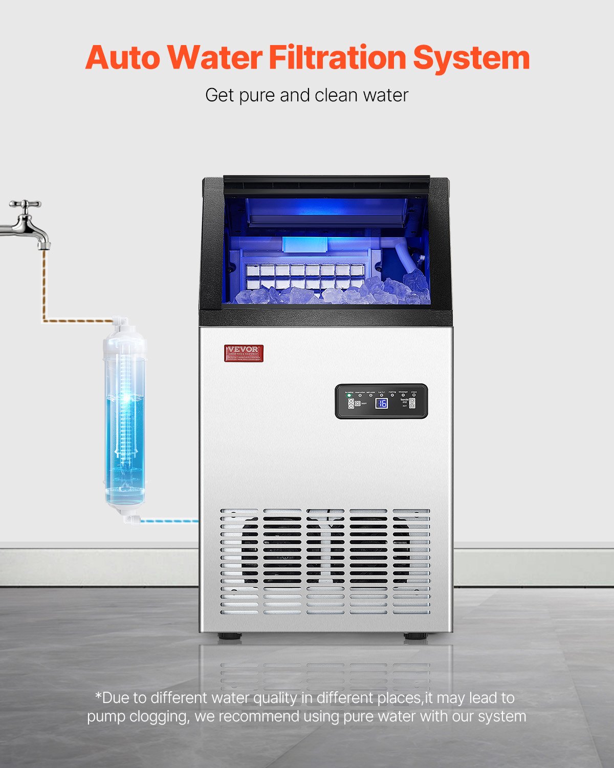 VEVOR Kommerzieller Eiswürfelbereiter Eismaschine 38 kg / 24 h, Leichte Würfeleismaschine 12,5 kg Eisspeicherkapazität 40 Stk. Eiswürfel, Edelstahl Eiswürfelbereiter inkl. Wasserfilter & Eisschaufel