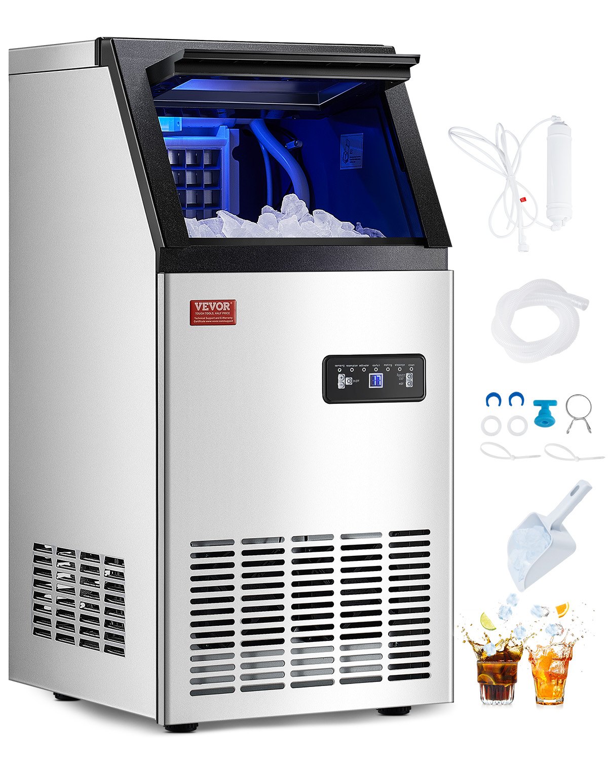 VEVOR Kommerzieller Eiswürfelbereiter Eismaschine 38 kg / 24 h, Leichte Würfeleismaschine 12,5 kg Eisspeicherkapazität 40 Stk. Eiswürfel, Edelstahl Eiswürfelbereiter inkl. Wasserfilter & Eisschaufel
