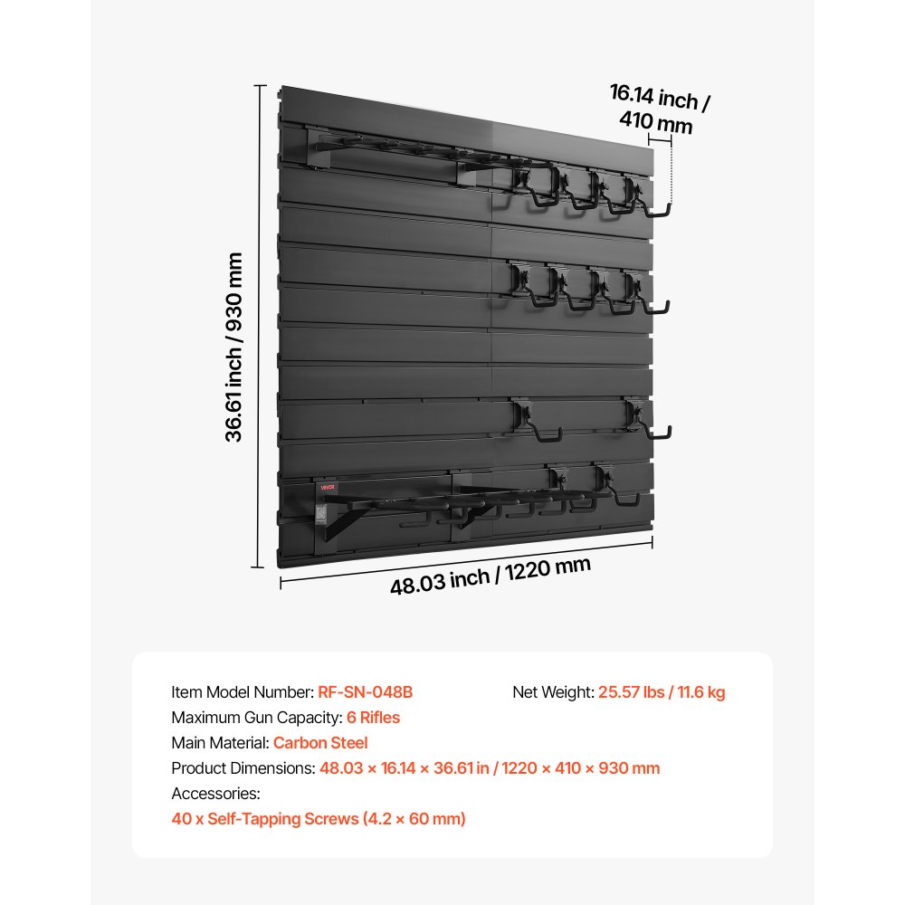 VEVOR Waffenwandhalterung für 6 Gewehre & 6 Pistolen & Waffenzubehör, Gewehrhalter mit G-Haken, Gewehrregal aus Kohlenstoffstahl (Rahmen) & PVC (Rückwand), Waffenaufbewahrung Modulares Waffenregal