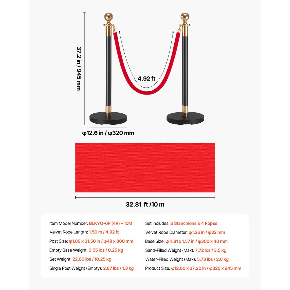 VEVOR Absperrpfosten 6-teilig, Personenleitsystem Set mit Rotem Teppich (10 m) & 4 Roten Samtseilen (1,5 m), Absperrständer mit Nachfüllbarem Sockel für Konzerte Ausstellungen Hotels Kinos (Schwarz)