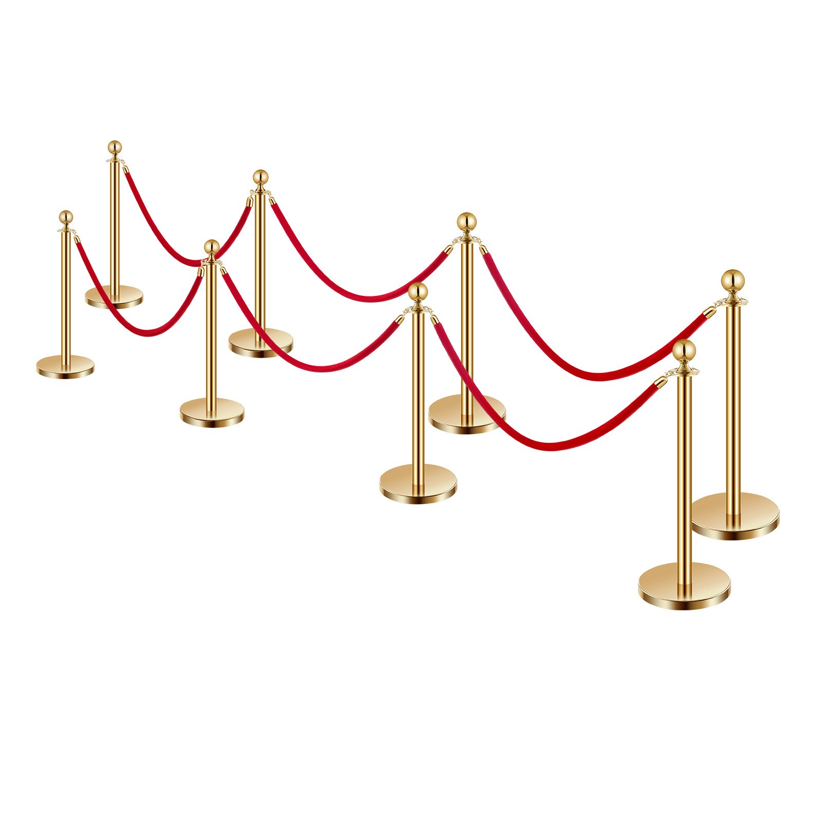 VEVOR Absperrpfosten Absperrung (8 Stk.) zur Steuerung von Menschenmengen mit 6 roten Samtseilen (1,5 m lang), Absperrständer aus Edelstahl mit nachfüllbarem Sockel für Ausstellungen Golden