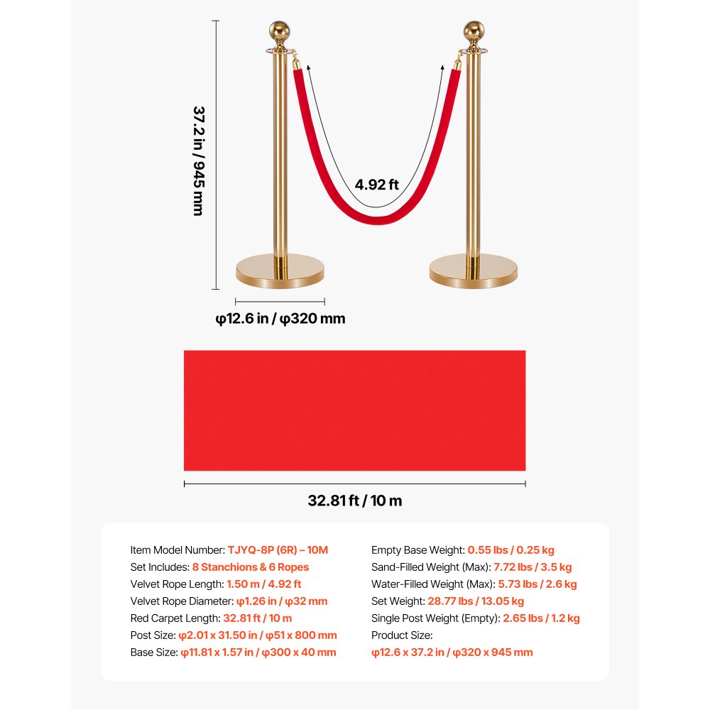 VEVOR Absperrpfosten 8-teilig, Personenleitsystem Set mit Rotem Teppich (10 m) & 6 Roten Samtseilen (1,5 m), Absperrständer mit Nachfüllbarem Sockel für Konzerte Ausstellungen Hotels Kinos (Golden)