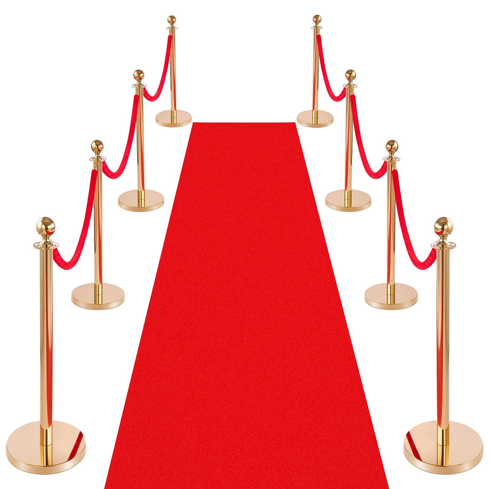 VEVOR Absperrpfosten 8-teilig, Personenleitsystem Set mit Rotem Teppich (10 m) & 6 Roten Samtseilen (1,5 m), Absperrständer mit Nachfüllbarem Sockel für Konzerte Ausstellungen Hotels Kinos (Golden)