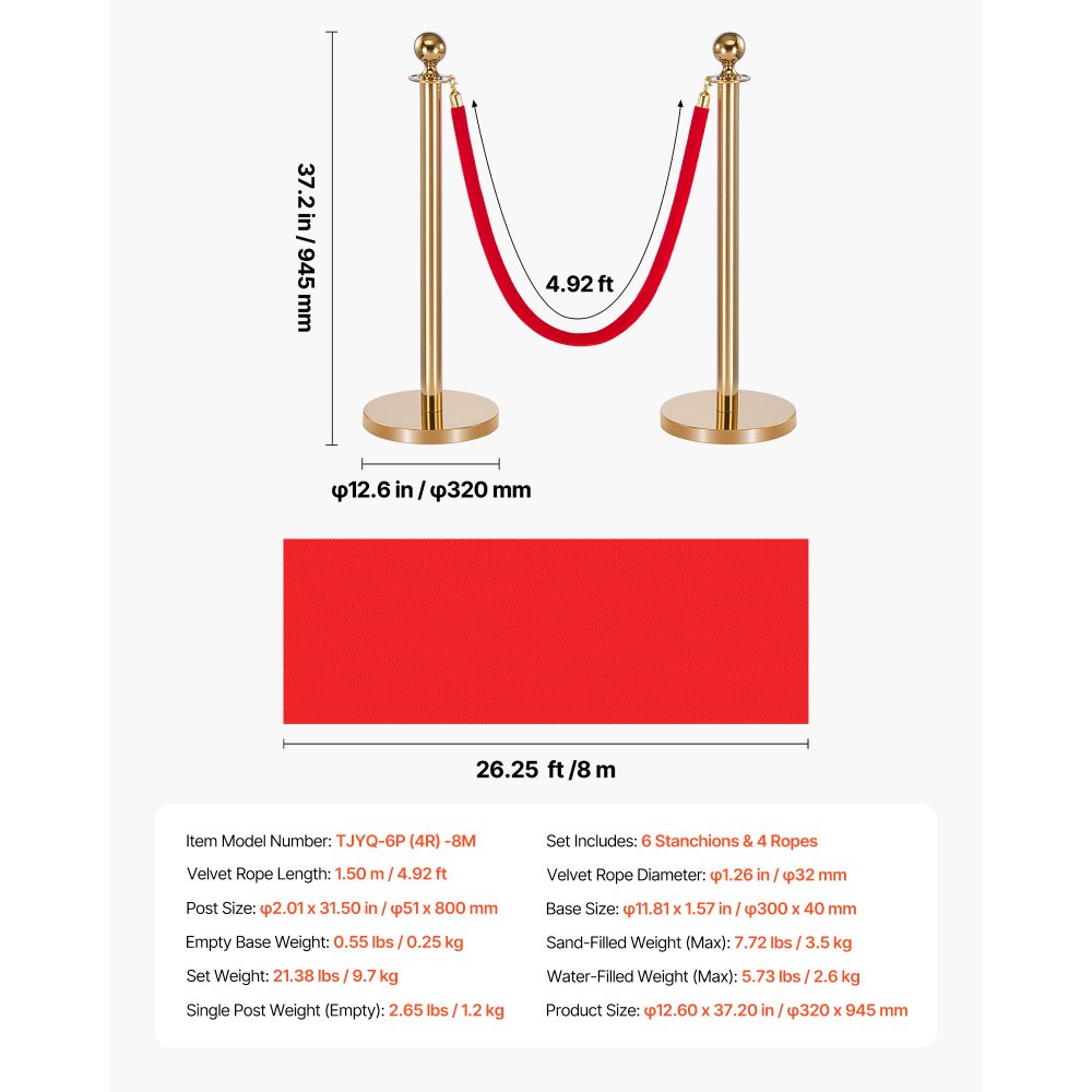 VEVOR Absperrpfosten 6-teilig, Personenleitsystem Set mit Rotem Teppich (8 m) & 4 Roten Samtseilen (1,5 m), Absperrständer mit Nachfüllbarem Sockel für Konzerte Ausstellungen Hotels Kinos (Golden)