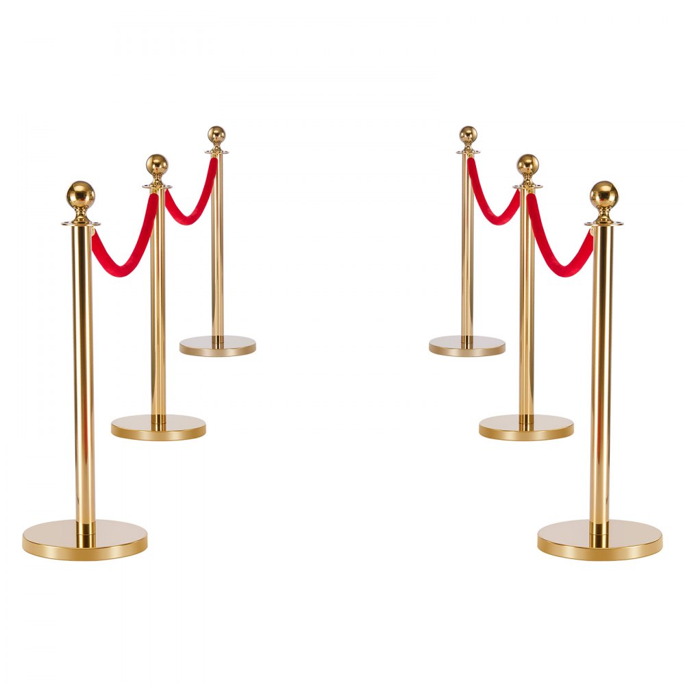 VEVOR Absperrpfosten 6-teilig, Personenleitsystem Set mit Rotem Teppich (8 m) & 4 Roten Samtseilen (1,5 m), Absperrständer mit Nachfüllbarem Sockel für Konzerte Ausstellungen Hotels Kinos (Golden)