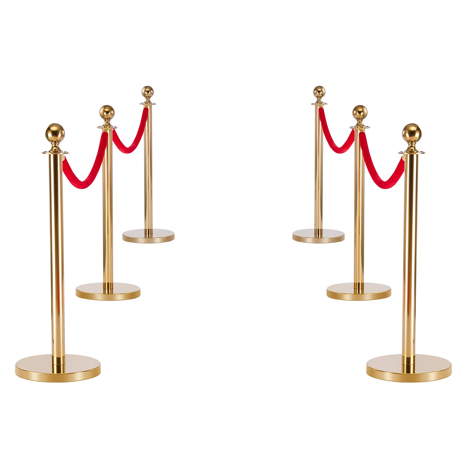 VEVOR Absperrpfosten 6-teilig, Personenleitsystem Set mit Rotem Teppich (8 m) & 4 Roten Samtseilen (1,5 m), Absperrständer mit Nachfüllbarem Sockel für Konzerte Ausstellungen Hotels Kinos (Golden)