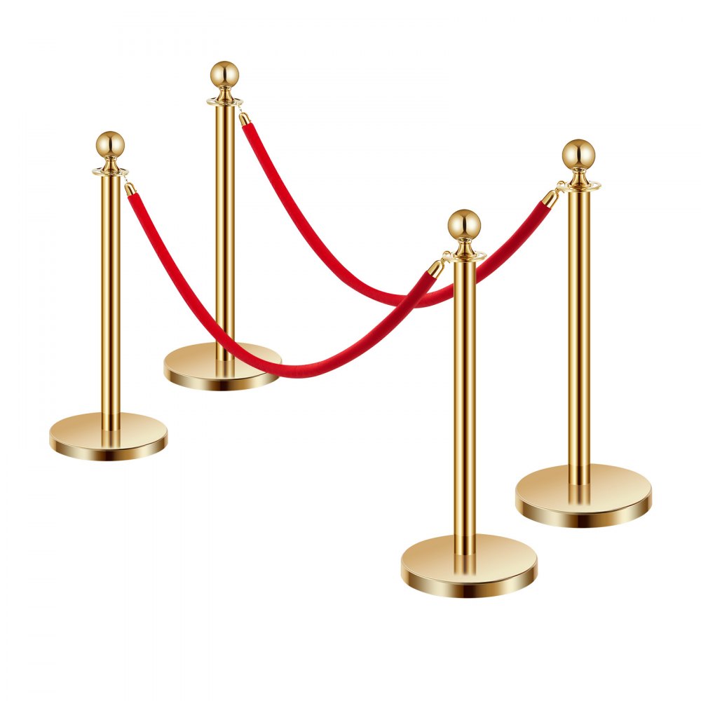 VEVOR Absperrpfosten Absperrung (4 Stk.) zur Steuerung von Menschenmengen mit 2 roten Samtseilen (1,5 m lang), Absperrständer aus Edelstahl mit nachfüllbarem Sockel für Ausstellungen Golden