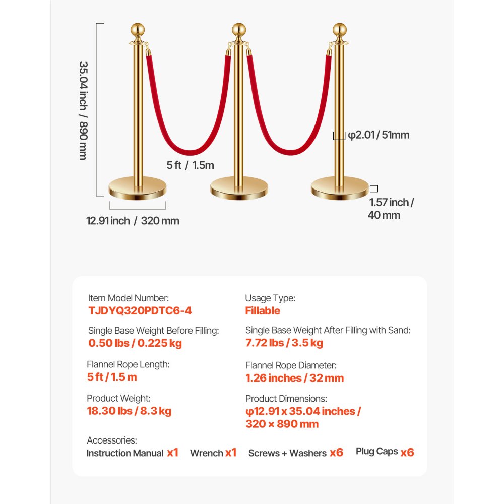 VEVOR Absperrpfosten Absperrung (6 Stk.) zur Steuerung von Menschenmengen mit 4 roten Samtseilen (1,5 m lang), Absperrständer aus Edelstahl mit nachfüllbarem Sockel für Ausstellungen Golden