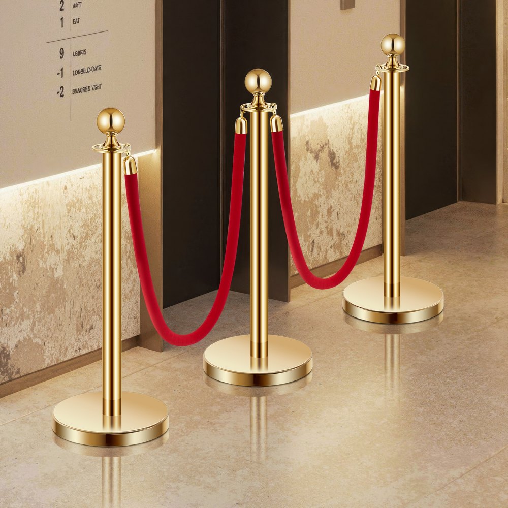 VEVOR Absperrpfosten Absperrung (6 Stk.) zur Steuerung von Menschenmengen mit 4 roten Samtseilen (1,5 m lang), Absperrständer aus Edelstahl mit nachfüllbarem Sockel für Ausstellungen Golden