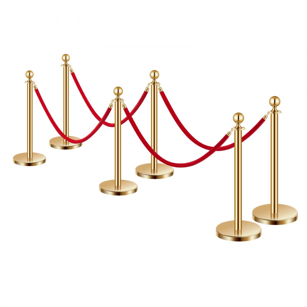 VEVOR Absperrpfosten Absperrung (6 Stk.) zur Steuerung von Menschenmengen mit 4 roten Samtseilen (1,5 m lang), Absperrständer aus Edelstahl mit nachfüllbarem Sockel für Ausstellungen Golden