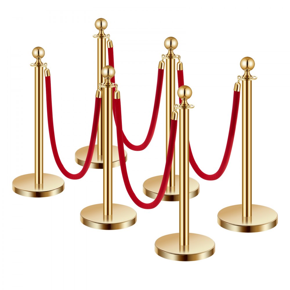 VEVOR Absperrpfosten Absperrung (6 Stk.) zur Steuerung von Menschenmengen mit 4 roten Samtseilen (1,5 m lang), Absperrständer aus Edelstahl mit nachfüllbarem Sockel für Ausstellungen Golden