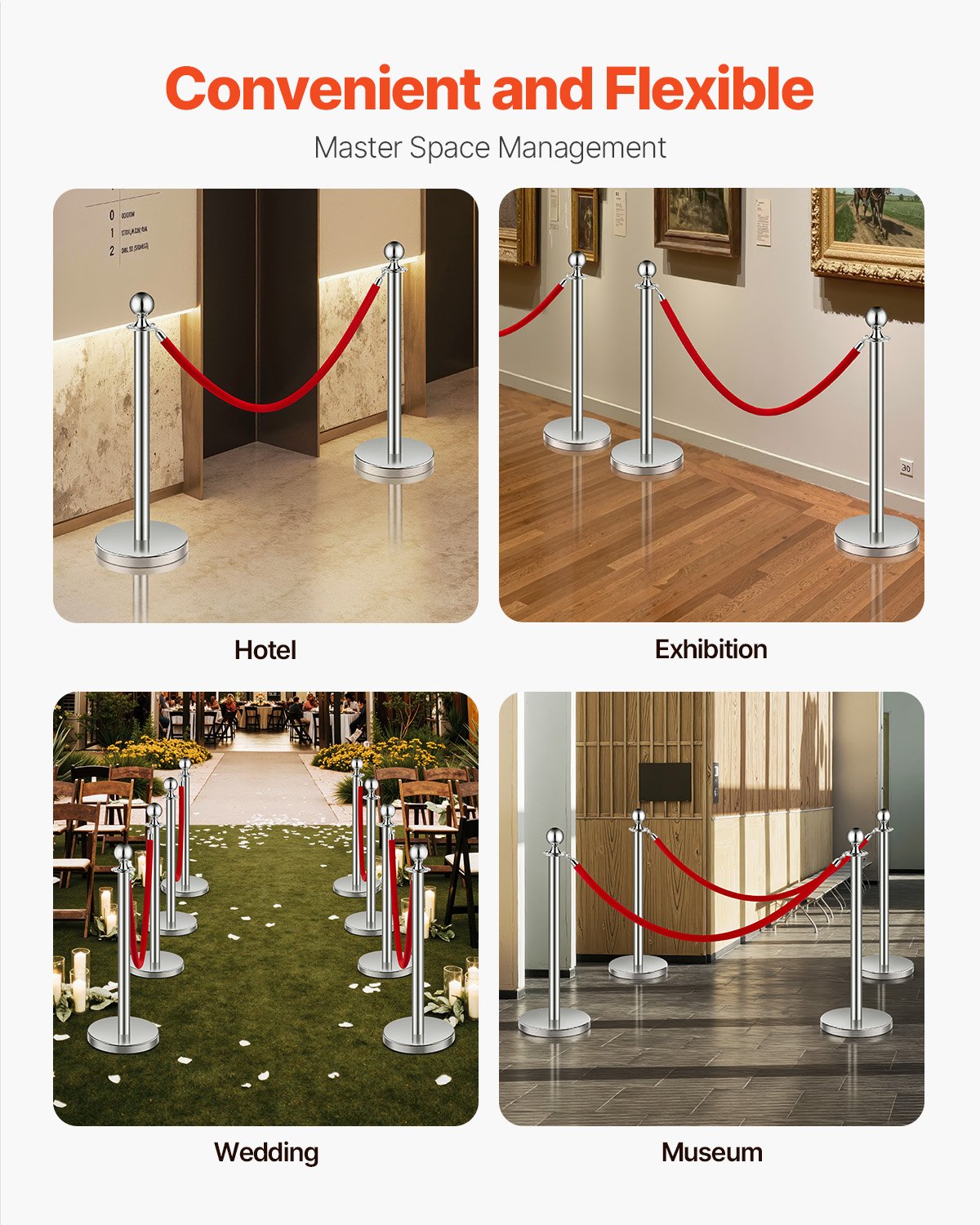 VEVOR Crowd Control Bollards (6 pcs) with 3 red velvet ropes (1.5 m long), stainless steel stanchions with refillable base for exhibitions, silver