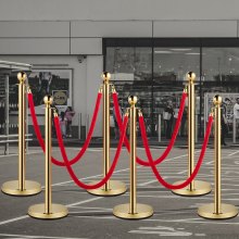 VEVOR Stainless Steel Stanchion Post Queue 6PCS Pole w/ 4 Red Velvet Ropes, Crowd Control Barriers w/Fillable Base for for crowd control in theaters, hotels, casinos, red carpet events, ticket offices, and more,(6 Pieces, Silver)