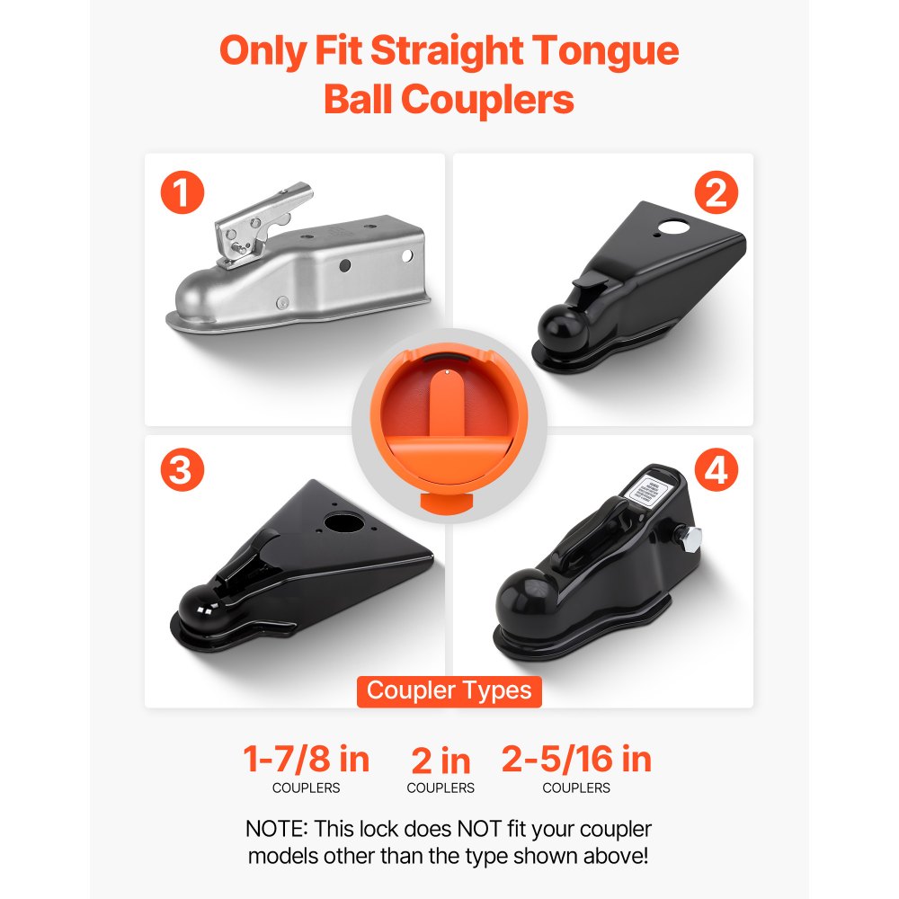 VEVOR Trailer Lock, Fits 47.5, 50.6 & 58.6 mm Straight Tongue Ball Couplers, Heavy Duty Hitch Lock with 4 Keys Secures Security Chains, Anti-Theft RV Trailer Locks for RV, Trailer, Boat