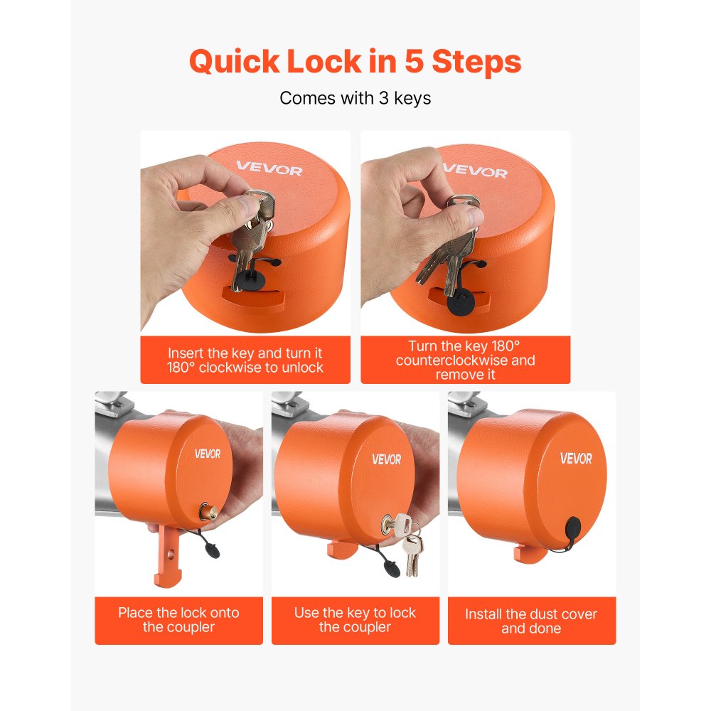VEVOR Trailer Lock, Fits 47.5, 50.6 & 58.6 mm Straight Tongue Ball Couplers, Heavy Duty Hitch Lock with 4 Keys Secures Security Chains, Anti-Theft RV Trailer Locks for RV, Trailer, Boat