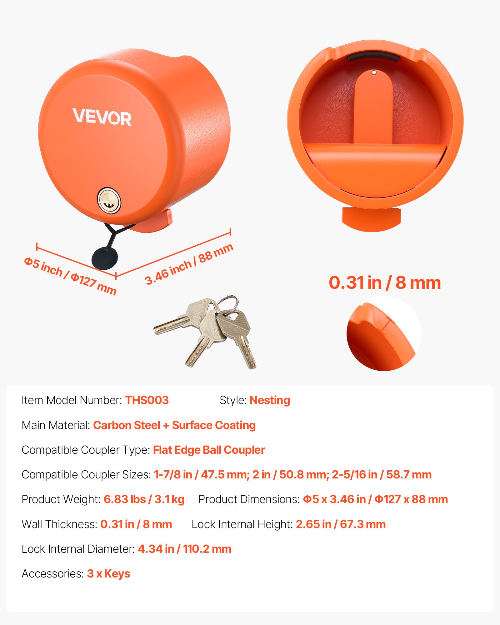 VEVOR Anhängerschloss, kompatibel mit 47,5 mm, 50,8 mm, 58,7 mm flachen Kugelkupplungen, Diebstahlsicherung mit 4 Schlüsseln, Sicherheitsschloss für Wohnmobile, Anhänger, Boote